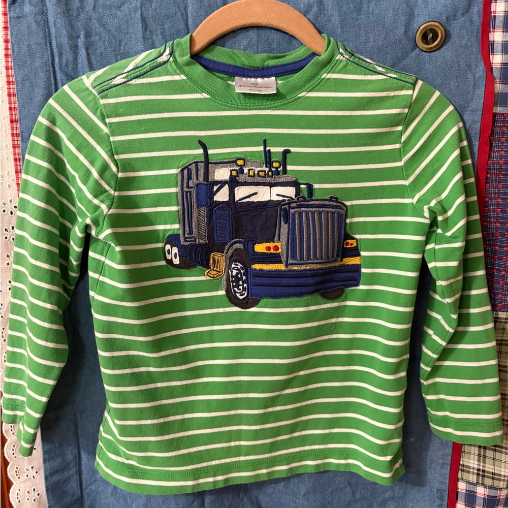 Hanna Andersson Green and White Striped Long Sleeve with Truck